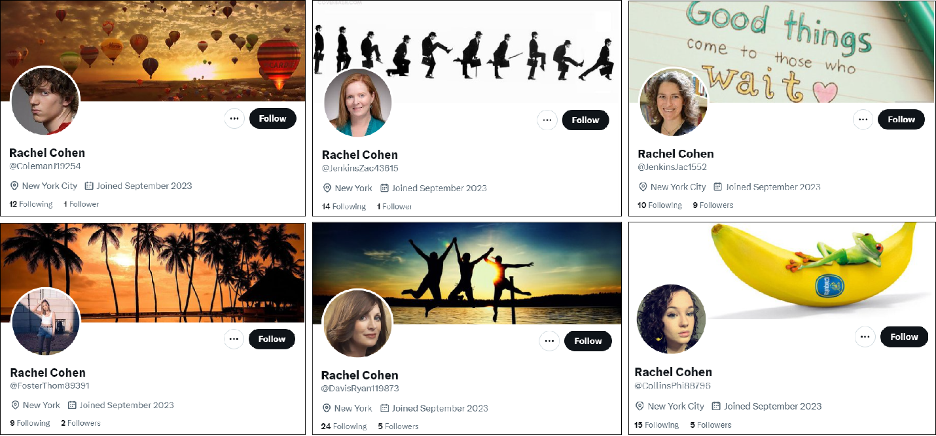 Screencaps of six accounts with the same display name. (Source: top to bottom, left to right: @ColemanJ19254 / archive; @JenkinsZac43615; @JenkinsJac1552; @FosterThom89391; @DavisRyan119873; @CollinsPhi88796)